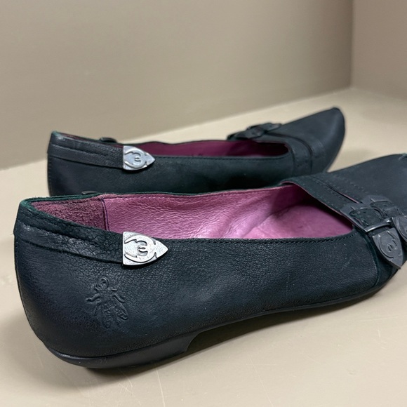 Fly London Suede Black Ballet Flats Edgy Buckle Detail, Pointed Toe EUC sassy - Picture 9 of 10